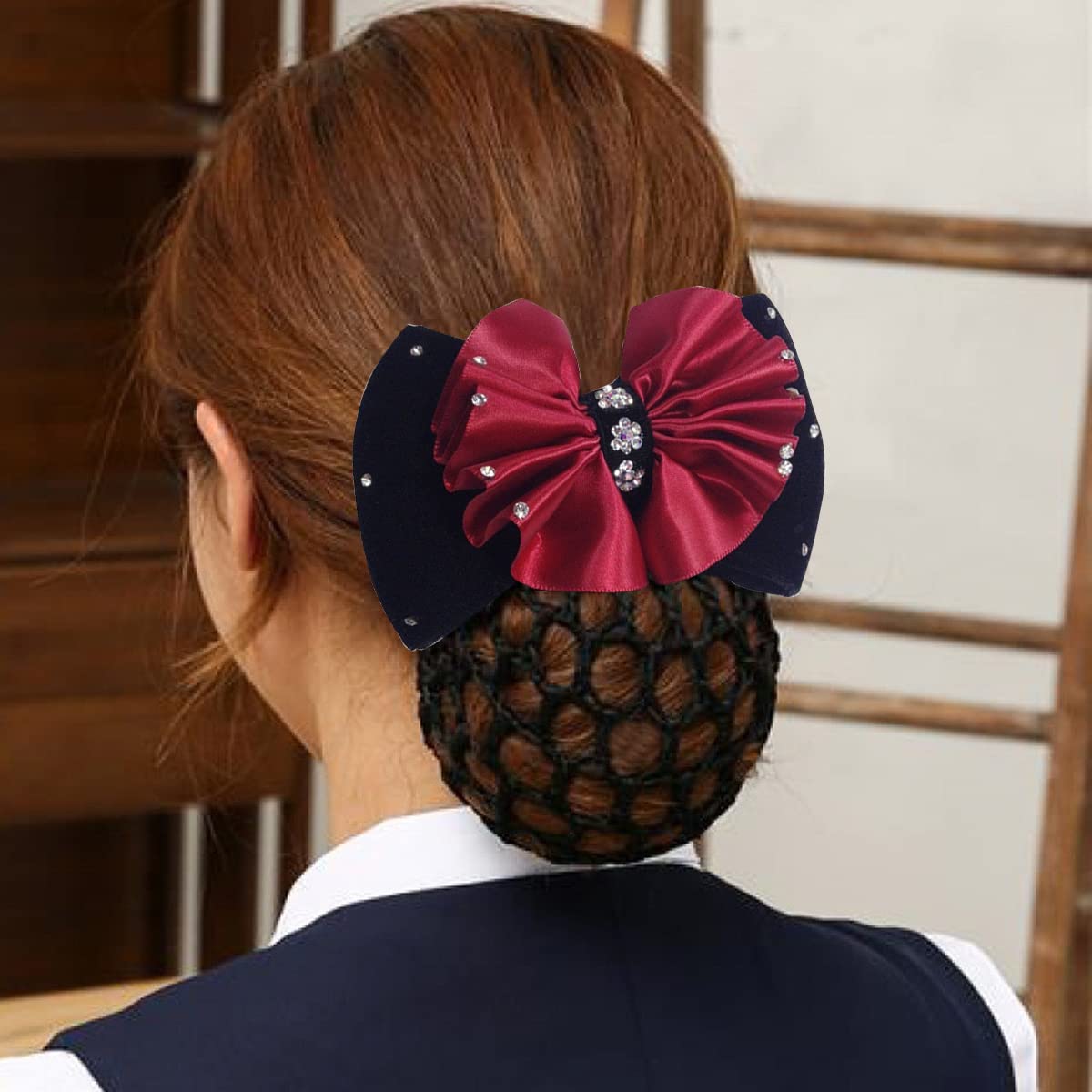 MAYCREATE Hair Bun Net Bow Hair Clip Bun Cover for Women Mesh Barrette Spring Clip Hairnet Bowknot Decor Snood Net for Daily, Work, Dancer, Nurse, etc (Red)