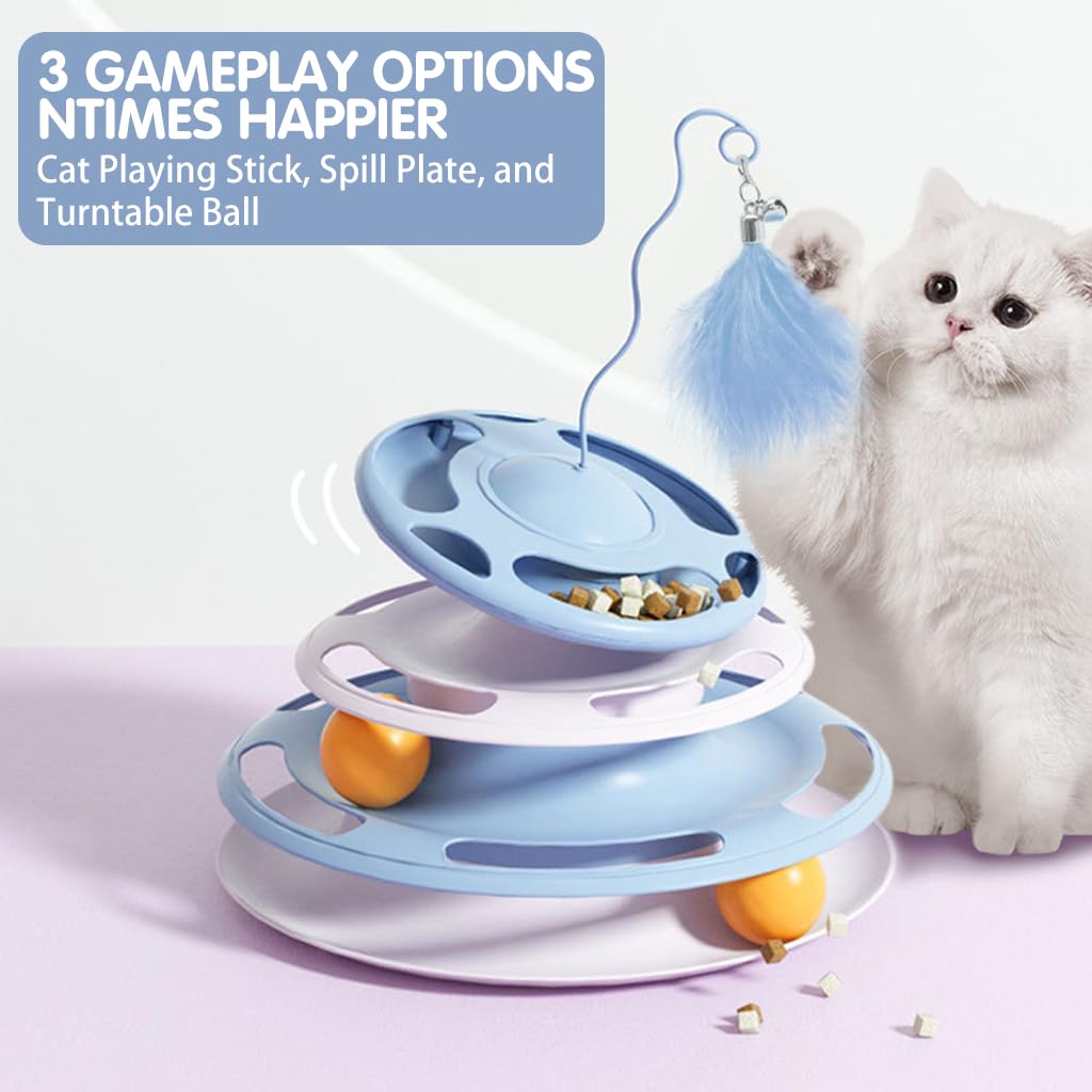 Qpets Cat Turntable Toy, 3 in 1 Cat Interactive Toys-Cat Teaser Stick, Double Track Turntable Ball, Detachable Snack Dispenser, PP Material Cat Amusement Plate Puzzle Pet Cat Toy