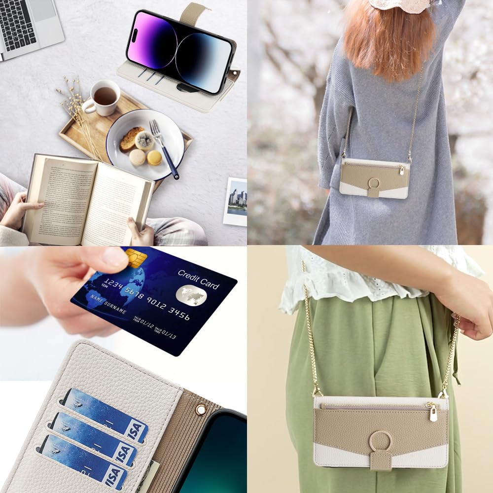 ZORBES Leather Phone Case for iPhone 15 Pro Max Fashion Women Flip Wallet Phone Case with Cash Zipper Pouches & Card Holders Multifunctional PU Leather Flip Phone Case with Removable Chain Strap
