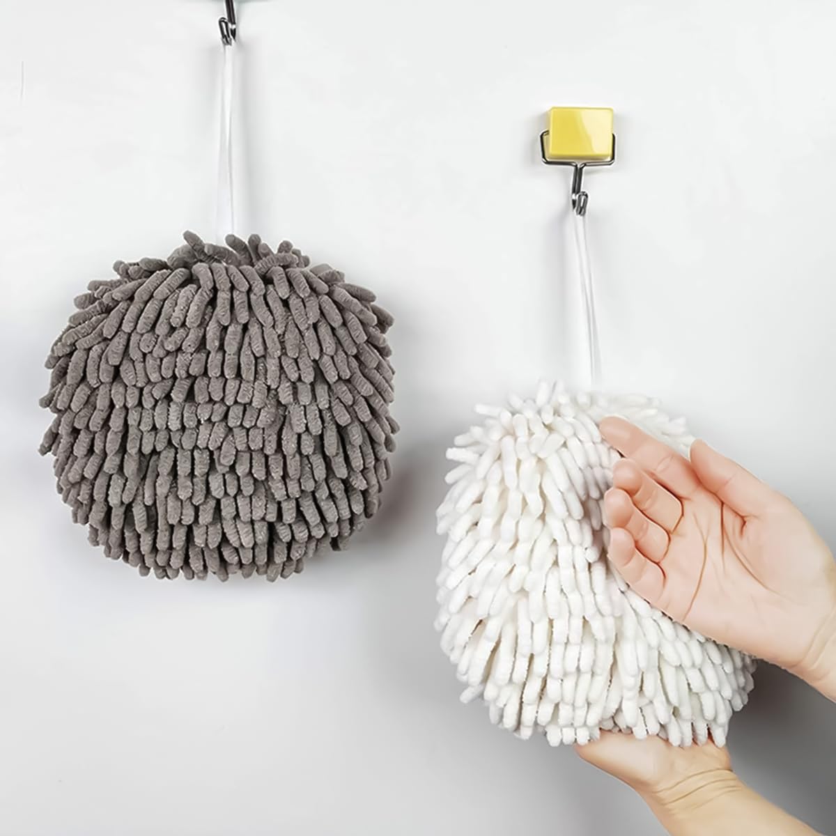 Supvox 2 Pcs Fuzzy Ball Hand Towel Soft Fast Drying Bath Hand Balls Towels Microfiber Hand Towel Set for Bathroom Kitchen (White and Gray)