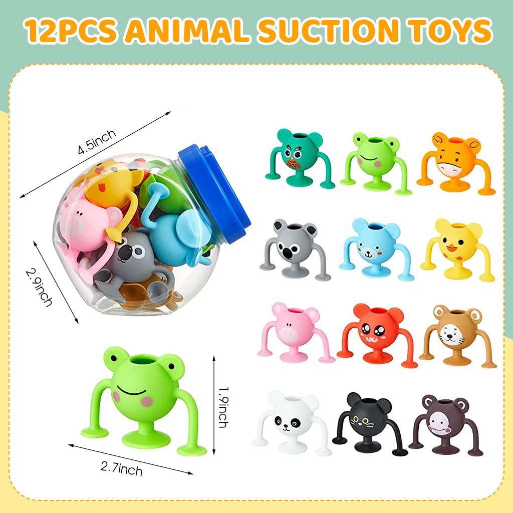 PATPAT Suction Toys for Baby, 12 Pcs Cartoon Silicone Animal Suction Toys Stress Toys Set Building Blocks for Baby High Chair Parent Interactive Game Travel Toy Bath Toys for Kids 3 4 5 6 7 8 Years