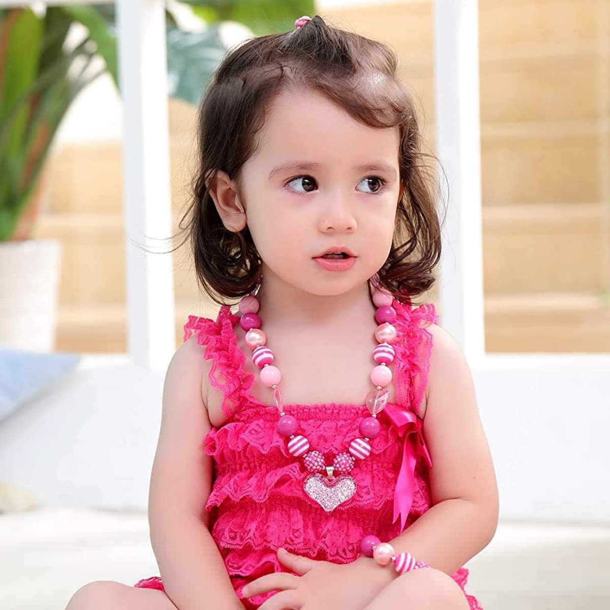 SANNIDHI 2 Pcs Set Necklace Bracelet for Girls, Lovely Stretchy Bead Bracelet Heart Charm Necklace for Girls Toddlers Kids Princess Dress Up Jewelry Gift Party Favor