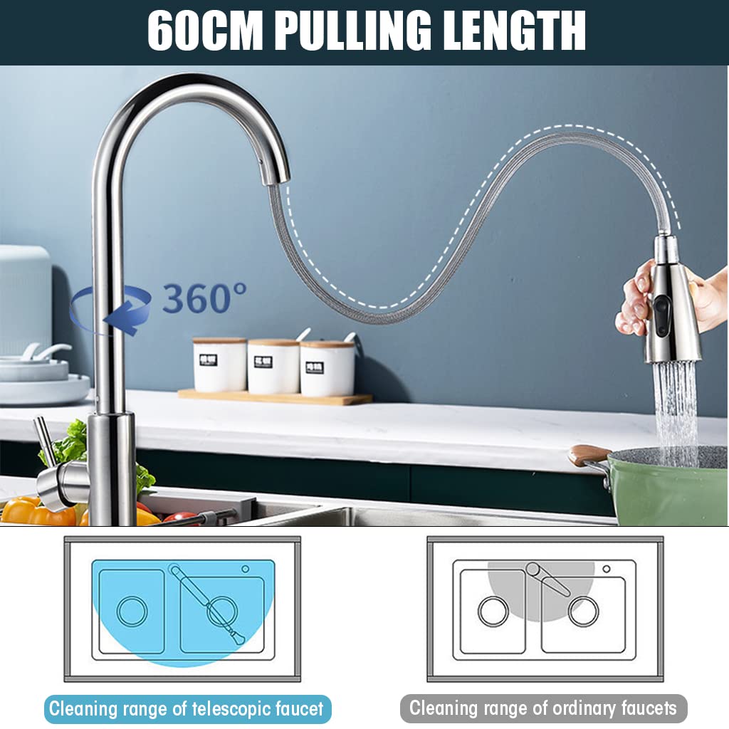 HASTHIP Kitchen Faucet with Pull Down Sprayer Brushed Nickel, 304 Stainless Steel Kitchen Sink Faucet, High Arc Single Handle, 360° Rotatable, Two Water Outlet Modes, Matte Finish, Swan Neck Spout