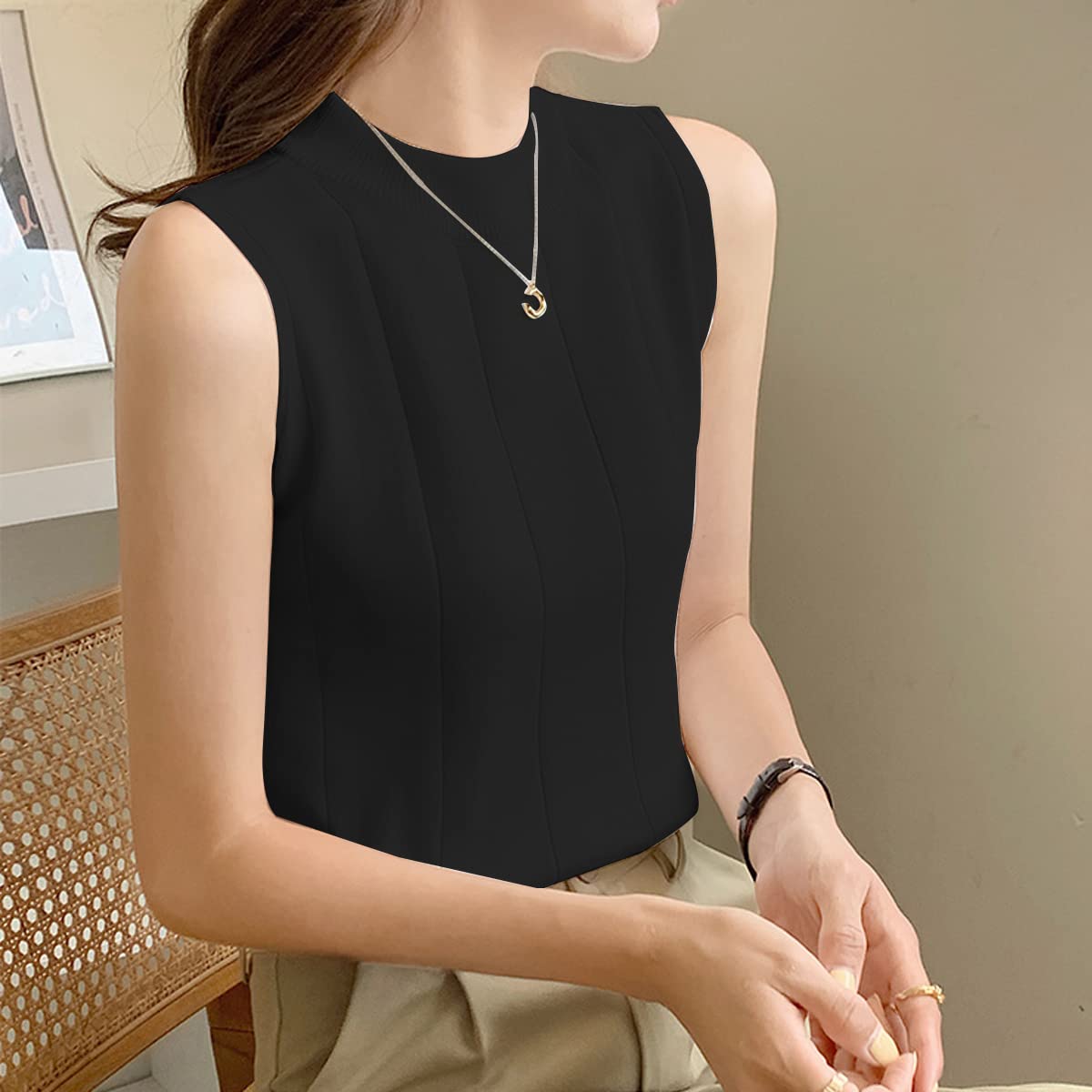 PALAY Womens Sleeveless Top High Neck Cotton Top Stylish Stretchable Knit Tank Top (Black)