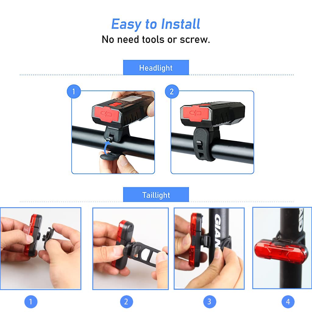 Proberos 800LM Cycle Light Set, Rechargeable Super Bicycle Lights, Runtime 8+ Hours, 6 Lighting Modes, Waterproof Bike Front Head Light and Back Tail Rear Light Reflectors for All Bike,Mountain