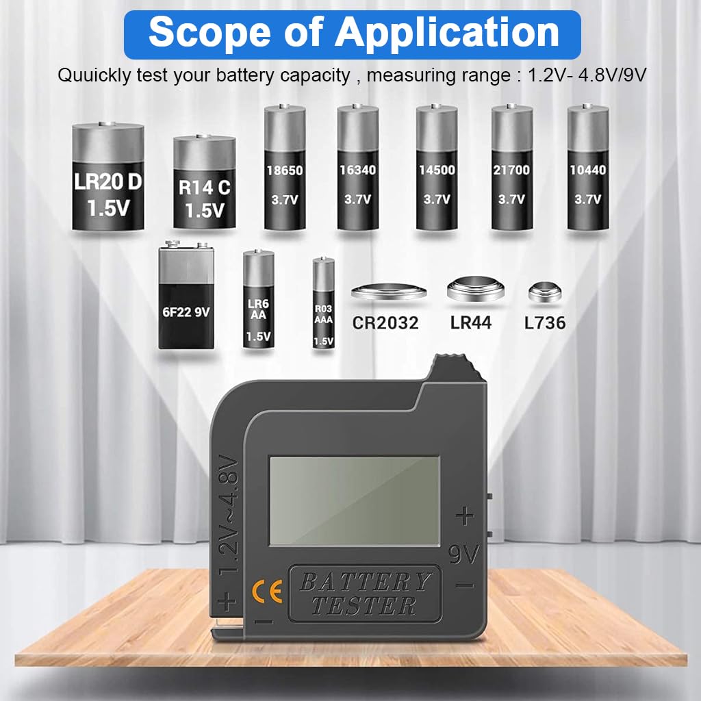 Serplex LCD Digital Battery Tester 1.2V-4.8V/9V Battery Meter Battery Portable Battery Capacity Tester Universal Battery Checker for AA Battery/AAA Battery/LR44/CR2023/3.7V Lithium Battery