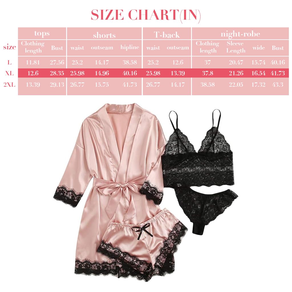 PALAY Women Nightwear Robe and Lace Bra Panty Set Lingerie Combo, Women Sexy Lingerie Set 4 Piece Lace Kimono Robe with Bra and Panty Sheer Sleepwear
