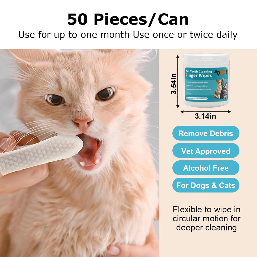 Qpets 50 Pcs Pet Wet Wipes, Disposable Dog Finger Toothbrush Cot Wipes Cat Teeth Cleaning Cover Finger Wet Wipes, Non-Woven Teeth Cleaning Wet Wipes Protecting Cat Dog Dental Health Oral Care