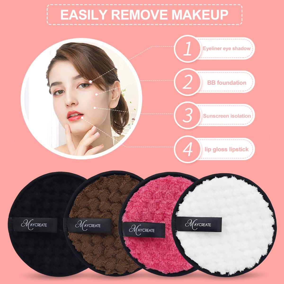 MAYCREATE 4 PCS Makeup Remover Cleansing Pads Set, Reusable Soft Double-Side & Easily Remove Stubborn Face or Eye Makeup & Suitable for Dry,Oily or Sensitive skin-Individually Package