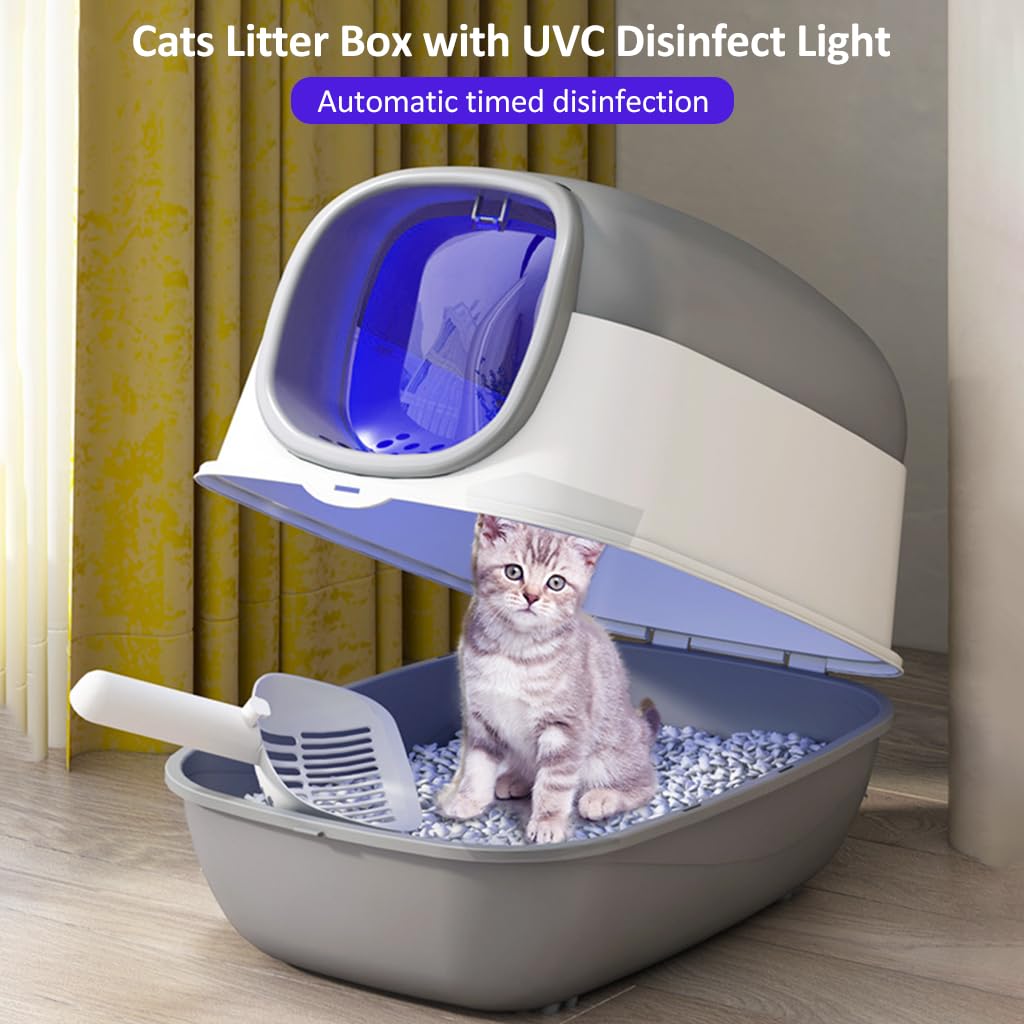 Qpets Cat Litter Box with UVC Disinfect Light Cats Litter Box Deodorization Box, Cat Litter Tray Auto Timing Disinfect, Large Splash-Proof Litter Box with Openable Lid, with Cat Litter Shovel