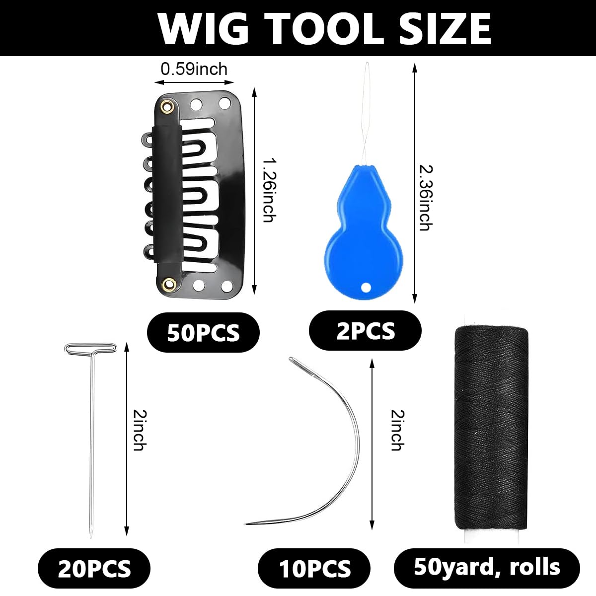 MAYCREATE Hair Extensions Clip Wig Making Set 85pcs DIY Hair Extension Tools Kit with 50 Snap Clips, 10 Curved Needles, 20 T-Pins, 3 Rolls Weaving Thread, 2 Needle Threader