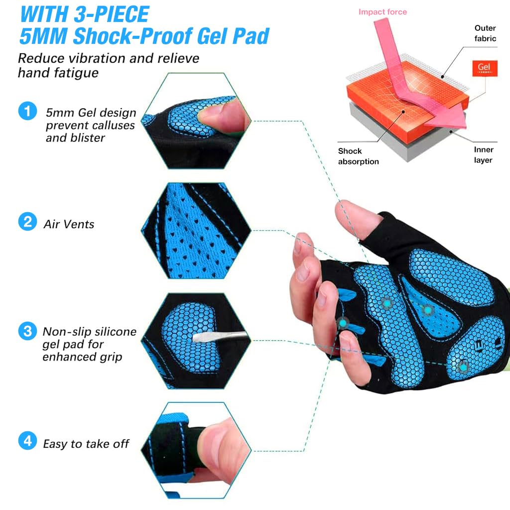 Proberos Cycling Gloves with Cushion Gel Palm Pads Breathable Fingerless Anti-numbness Cycling Gloves Fashion Print Fingerless Gym Gloves for Cycling/Weight Lifting/Motorcycling, L, Blue