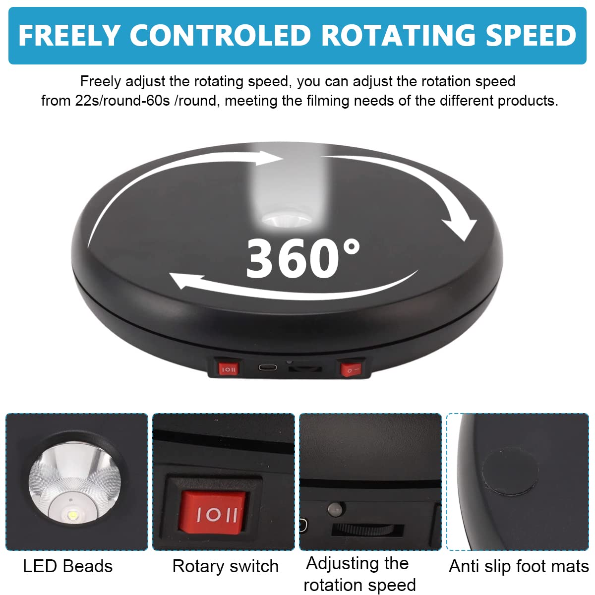 Supvox 1Pcs Rotating Display Stand with LED, 9.8'' USB Charge 360 Degree Rotating Turntable, Adjustable Speed Multi-Functional Rotary Table for Photography, Jewelry, Cake and Collectibles, 20kg Load