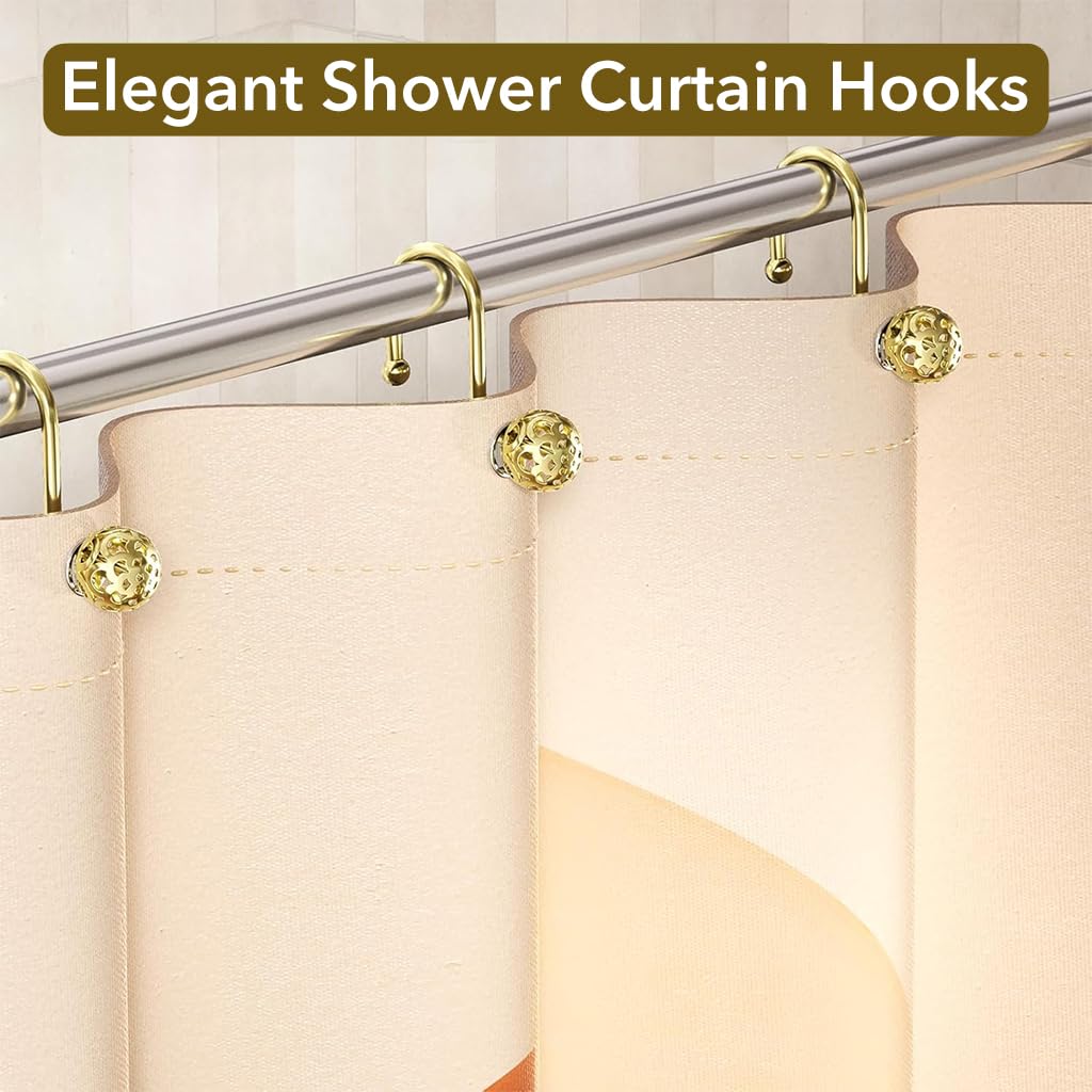 HASTHIP 12Pcs Bathroom Shower Curtain Hooks Modern Golden Hollow Out Ball Shower Curtain Hooks for Home Decor Open Hanging Shower Curtain Hooks Universal Bathroom Shower Curtain Hooks