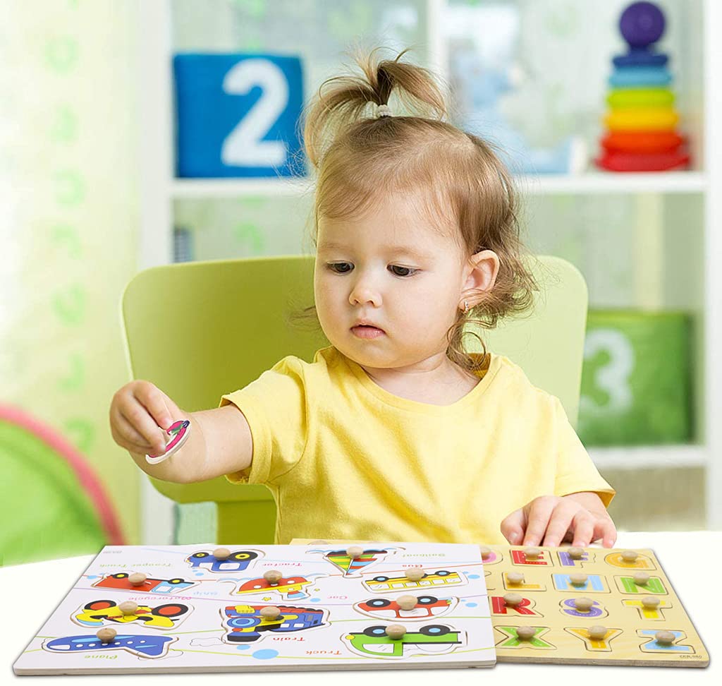 PATPAT 2Pcs ABCD Toys for Kids Wooden Puzzles Alphabets for Kids Learning Toys for 2 Year Old Girls Boys, Educational Toys Montessori Wooden Board Activity Toys Kids Gift (Letter Puzzle, Car Puzzle)