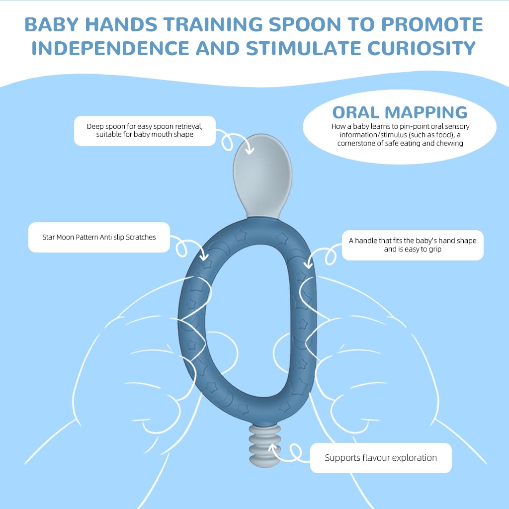 SNOWIE SOFT Baby Spoon 2 in 1 Baby Spoon Teether Spoon Feeding Spoon Innovative Loop Grip Self-feeding Spoon Food Grade BPA Free Soft Silicone Spoon Heat Resistant Baby Spoon for 6 Month+, Blue