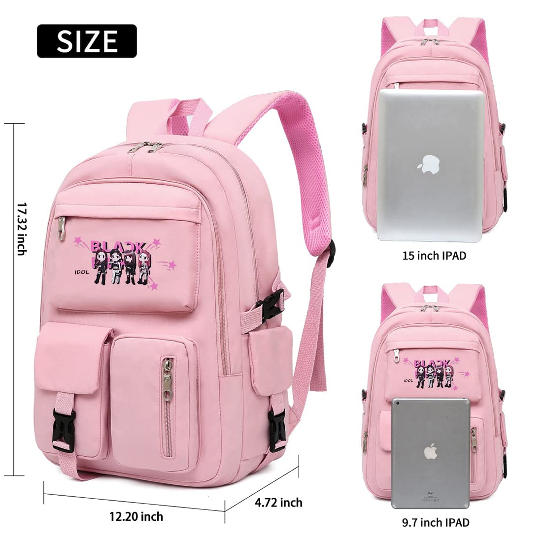 PALAY Blackpink Backpack for Girls School Bags Blackpink Kpop Theme Prints with USB Charging and Headset Port Backpack for Student College School Bag for Boys