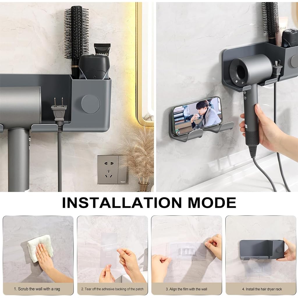 HASTHIP Wall Mount Hair Dryer Holder, Acrylic Hair Dryer Organizer Self Adhesive Blow Dryer Holder Rack for Bathroom, Salon & Dressing Room (Grey)