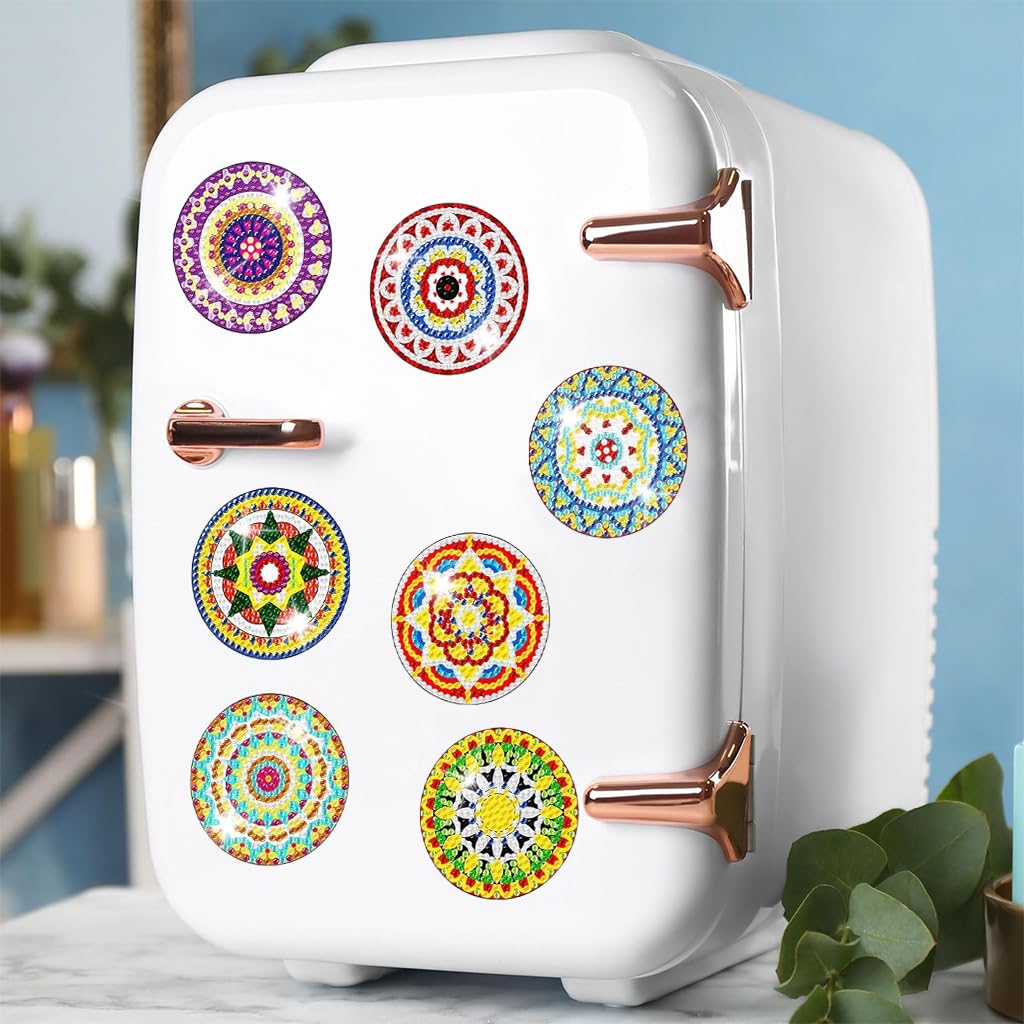 HASTHIP DIY Diamond Painting Art Kit Set of 12 Sparkling Mandala Style Color Diamond Fridge Magnets Home Decor Stylish DIY Diamond Painting Fridge Magnets with Tools DIY Gift