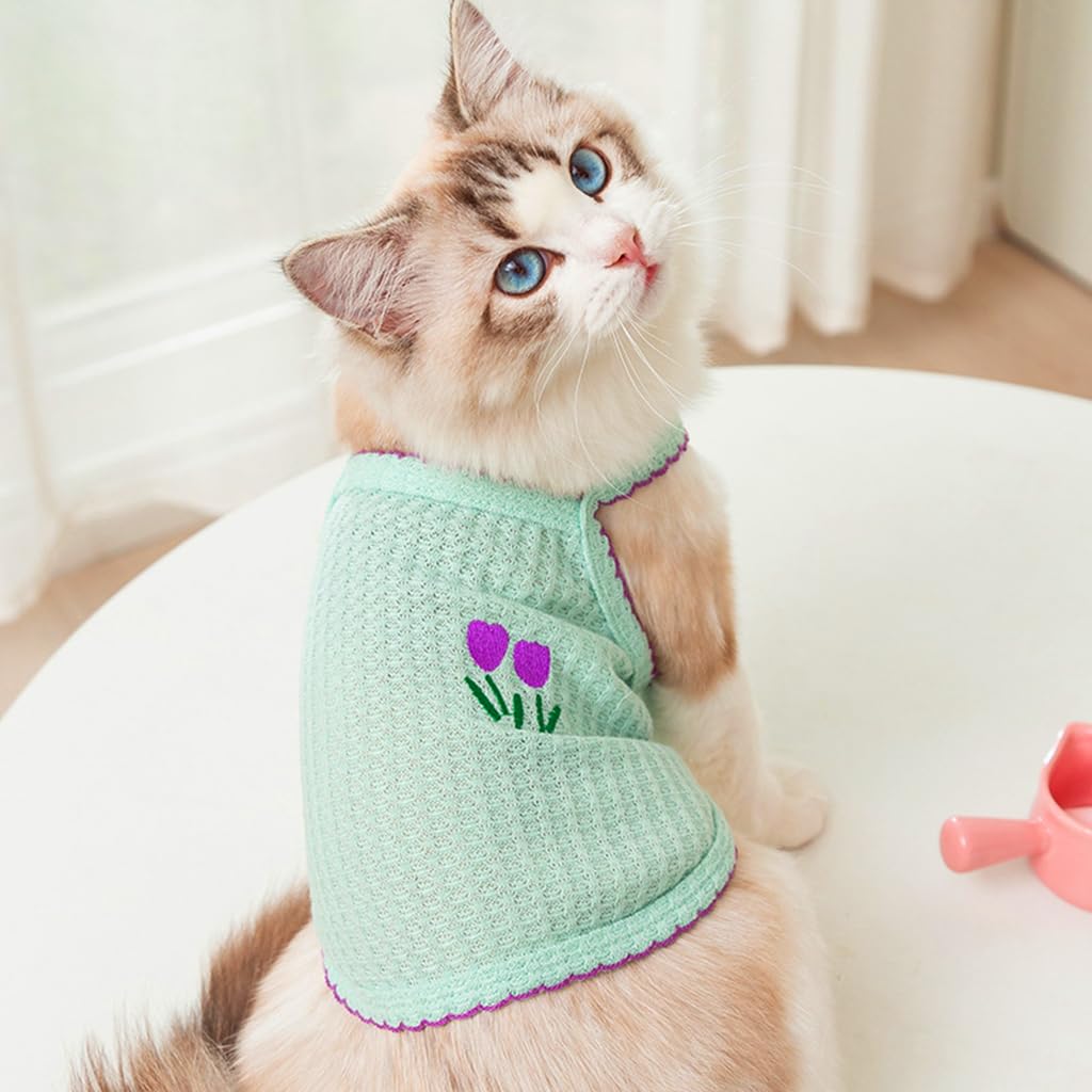 Qpets 2 Pack Dog Clothes Lovely Flower Embroidery Clothes Pink & Mint Green Summer Breathable Cotton Dog Vest Stretchy Dog Clothes Sleeveless for Small Dogs, Cat (Size: L, Pink+Green)