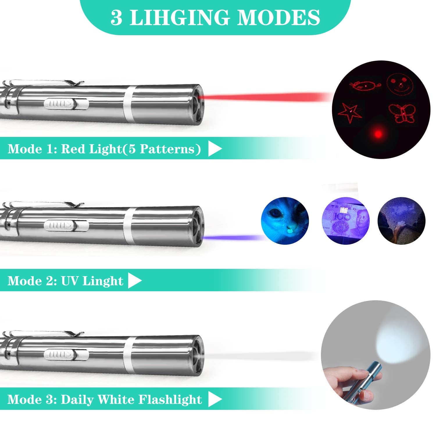 Qpets Cat Chasing Toy,USB LED Laser Pointer for Chasing Interactive Cat Toy 3 in 1 LED Laser Pen Checking Cat Skin/White Light Illumination/5 Patterns