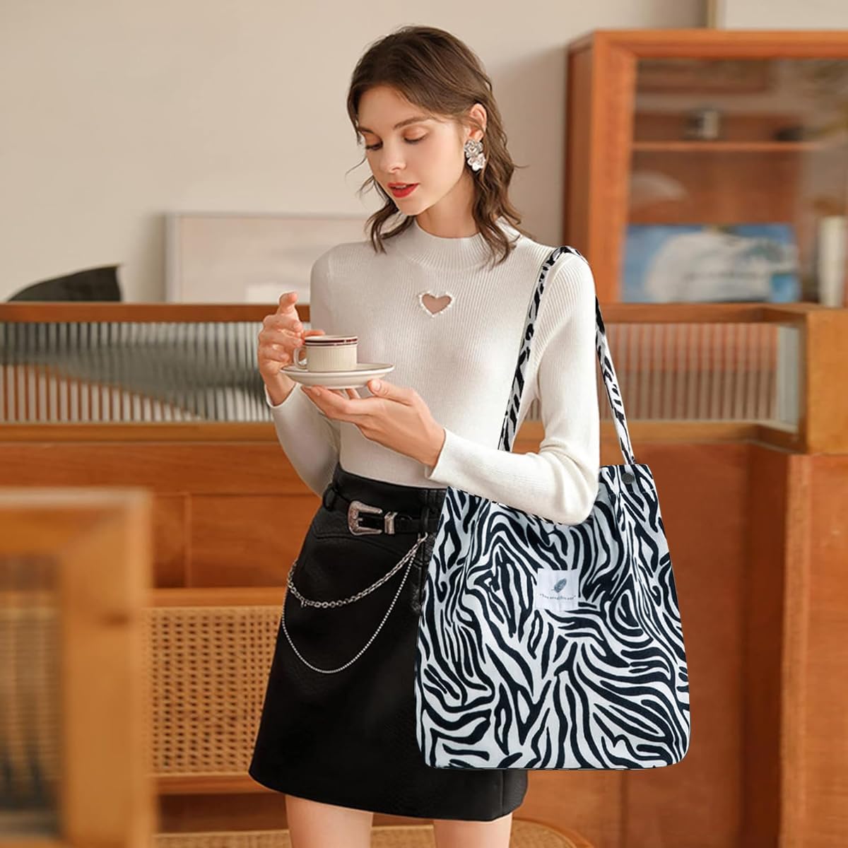 PALAY Tote Bag Corduroy Fashion Zebra-stripe Print Color Hand Bag for Women Shoulder Bag for Shopping, Commuting, Shopping Bag, Large Grocery Bag