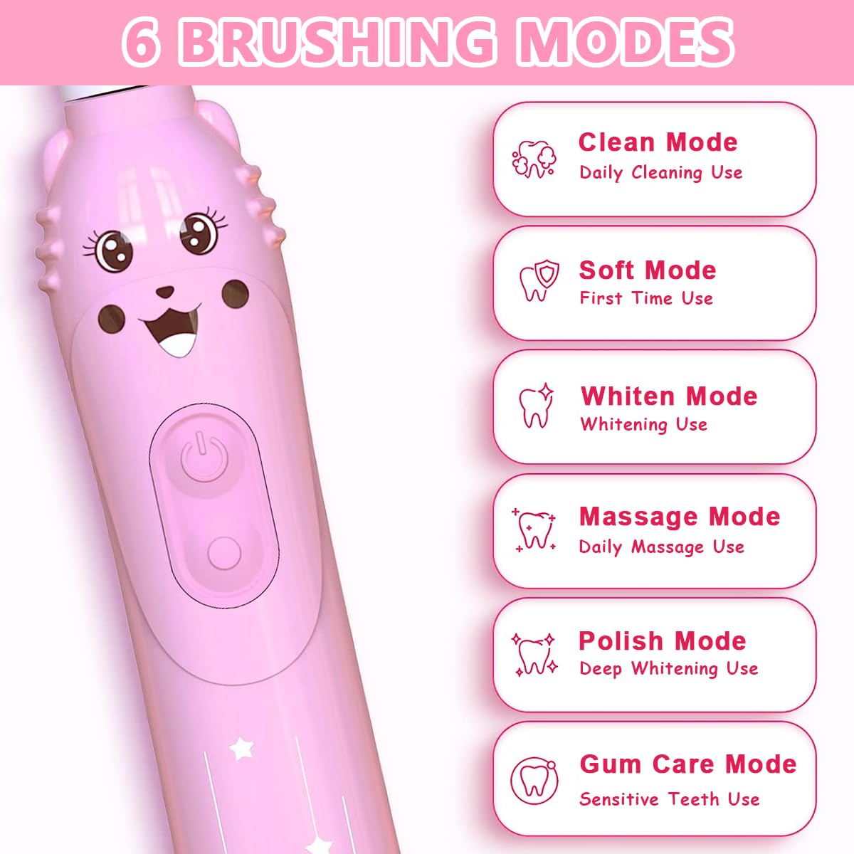 HANNEA Electric Toothbrush For Kids, Battery Powered brush tooth, Age 3+, Soft Nylon Bristles, Chargeable automatic Tooth Brush With 6 Brushing Modes, 2 Interchangeable Brush Heads
