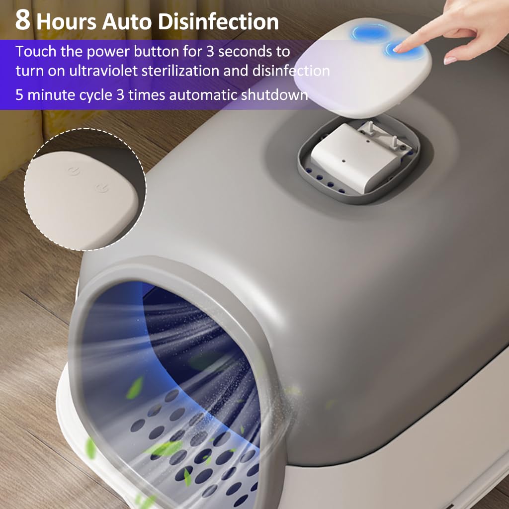 Qpets Cat Litter Box with UVC Disinfect Light Cats Litter Box Deodorization Box, Cat Litter Tray Auto Timing Disinfect, Large Splash-Proof Litter Box with Openable Lid, with Cat Litter Shovel