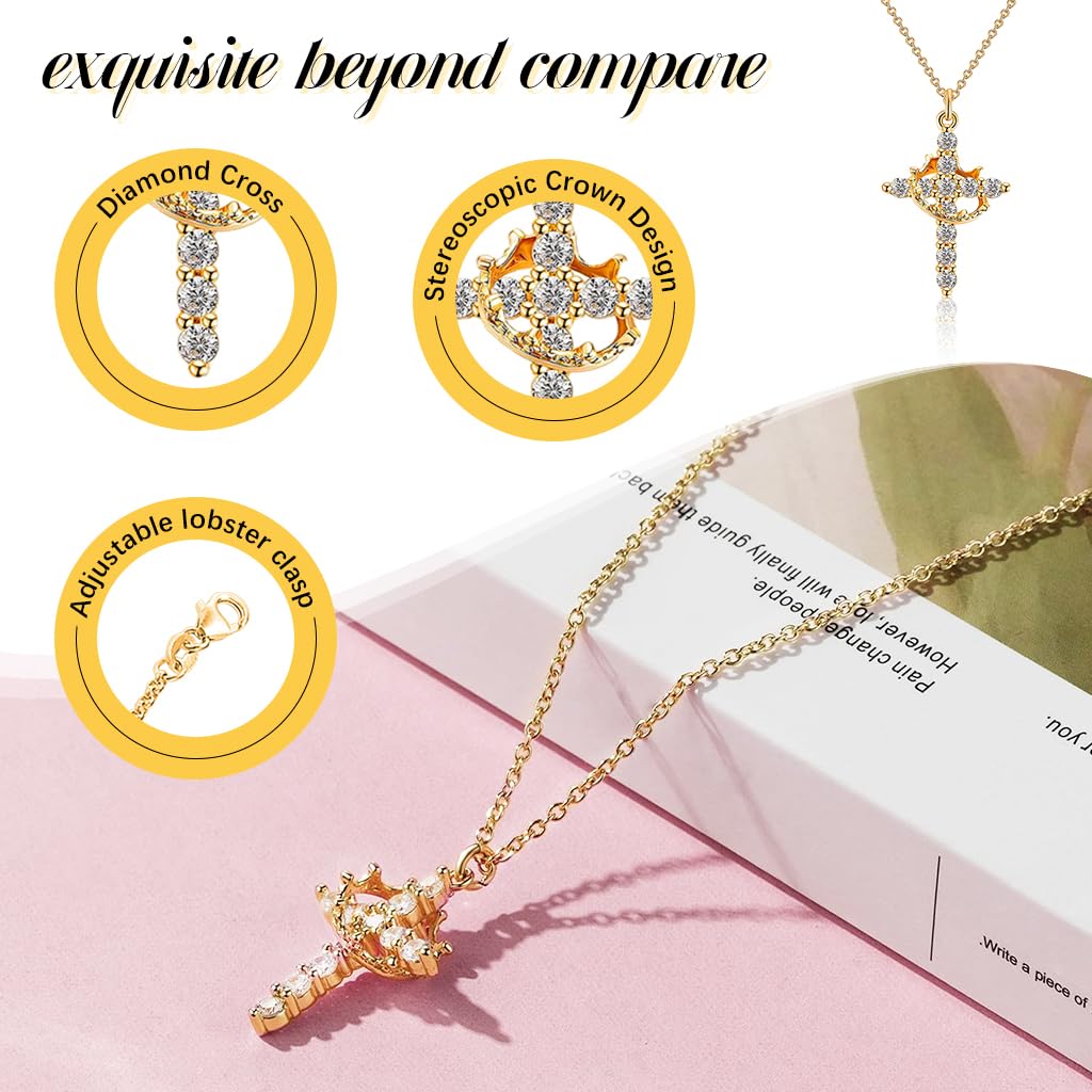 SANNIDHI Chic Cross Necklace Golden Stainless Steel Shining Cross Necklace Fashion Crown Rhinestone Cross Necklace Jewelry Gift for for Men Women
