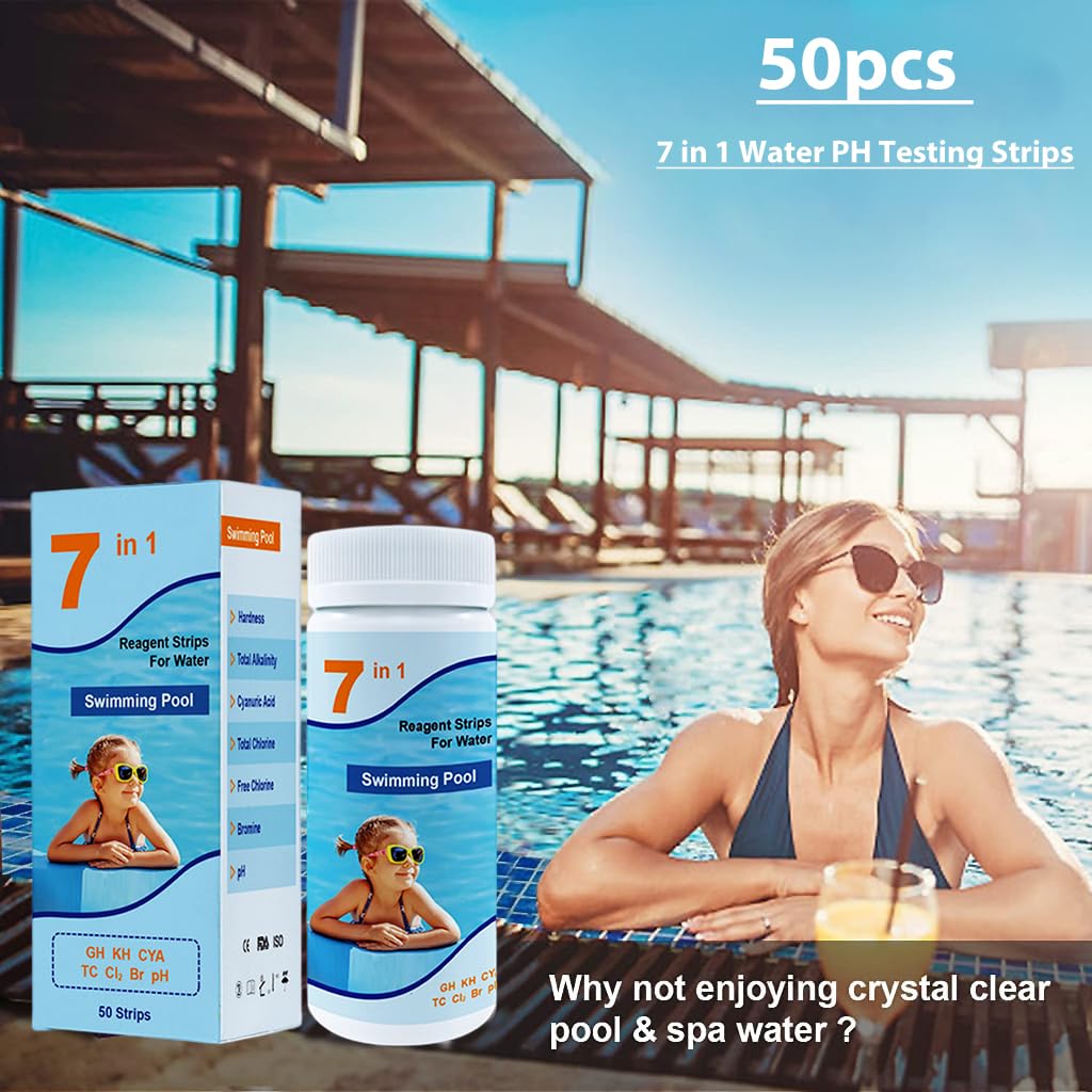Qpets 50pcs 7 in 1 PH Pool Test Strips PH Paper 7-Way Pool and Spa Test Strips Quick Accurate Test Hardness, Total Alkalinity, Cyanuric Acid, Total Chlorine, Free Chlorine, Bromine, PH