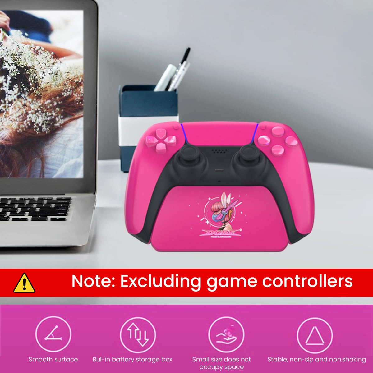 ZORBES Pink Controller Display Stand Anti-Slip ABS Controller Holder for PS5 Desk PS5 Controller Holder with Decorative Cartoon Sticker PS5 Accessory