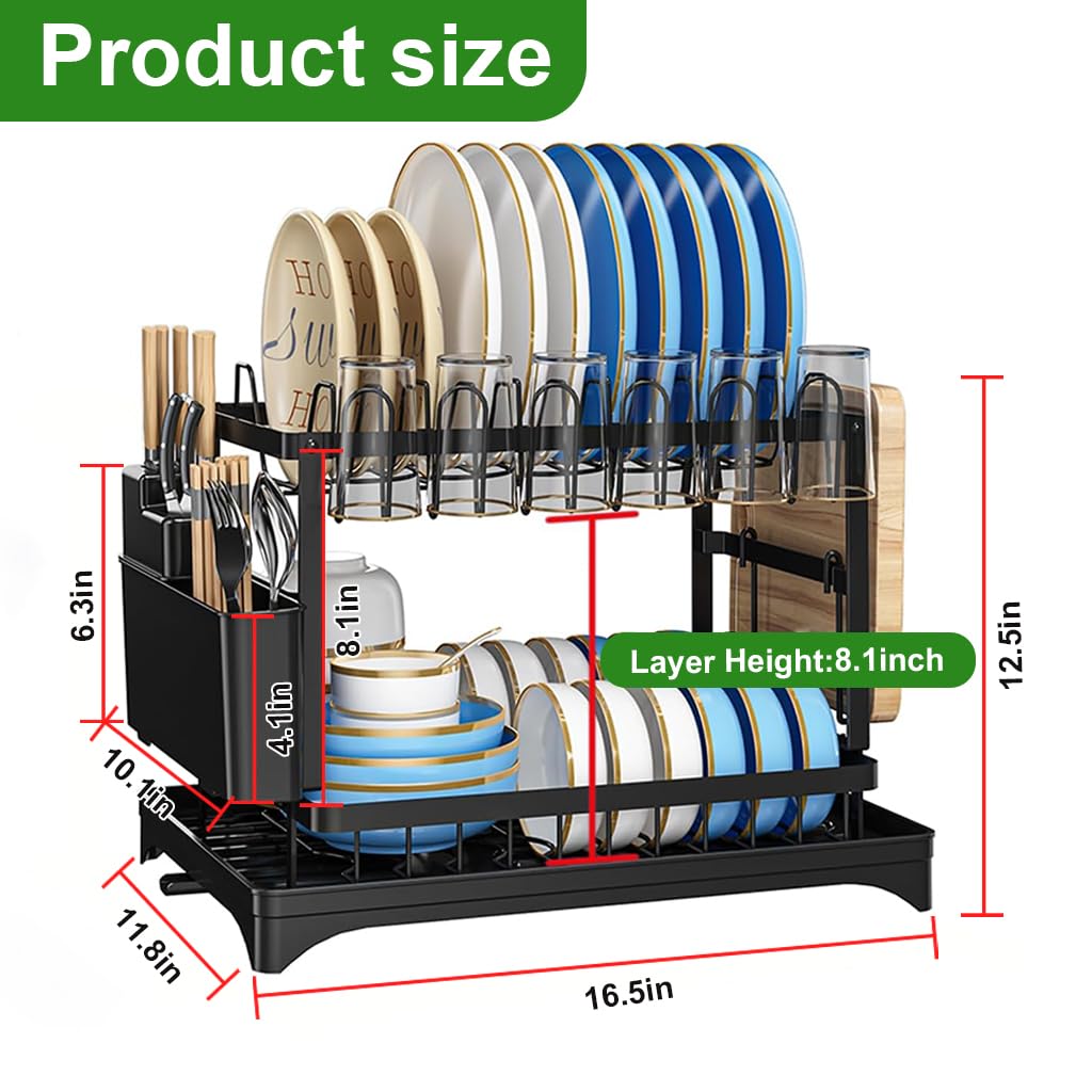 Supvox Dish Drying Rack Kitchen Organizer Countertop Double Layer Dish Drain Rack Kitchen Organizer Cup Drying Rack Kitchen Carbon Steel Plates Drying Rack Large Dish Drainer Kitchen Organizer