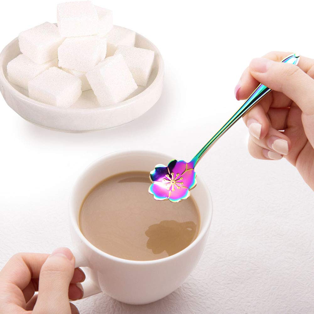 HASTHIP 8Pcs Rainbow Flower Spoon Set, 410 Stainless Steel Reusable Long/Short Handle Spoon, 2 Different Size Colorful Scoop Spoon Teaspoons Coffee Sugar Stirring Spoon Dessert Cake Spoons
