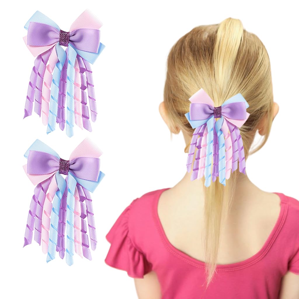 PALAY 3 Inch Hair Bow Clips Purple Curly Grosgrain Ribbon Hair Clips Handmade Kids Girls Cheer Hair Accessories for School Prom Party