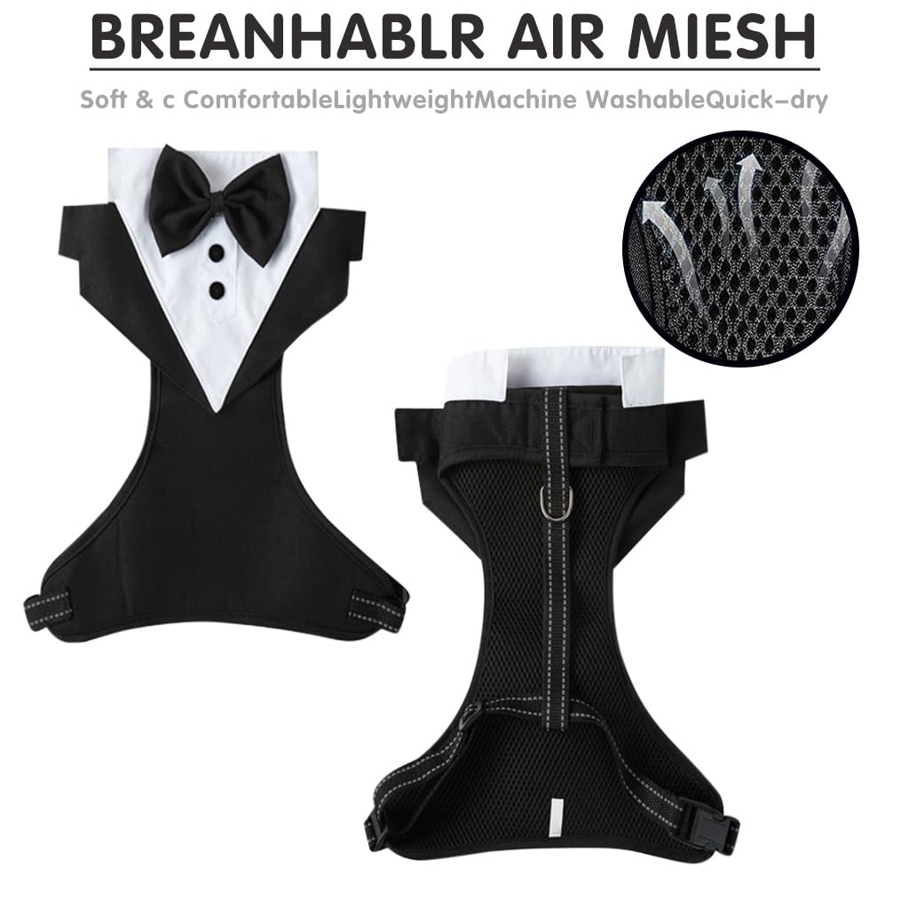Qpets Dog Tuxedo Harness, Fashionable Dog Tuxedo Harness Set with Traction Rope and Chest Harness, Dog Vest Pet Suit Holiday Dress Puppy Kitten Wearing, M