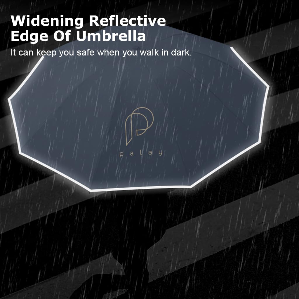 PALAY Large Umbrella for Men Women with Reflective Strap, 50'' Automatic Open/Close Windproof Travel Folding Umbrella, Reinforced 10 Dual Ribs, 99 UV Protection Umbrella with Carabiner Handle Design