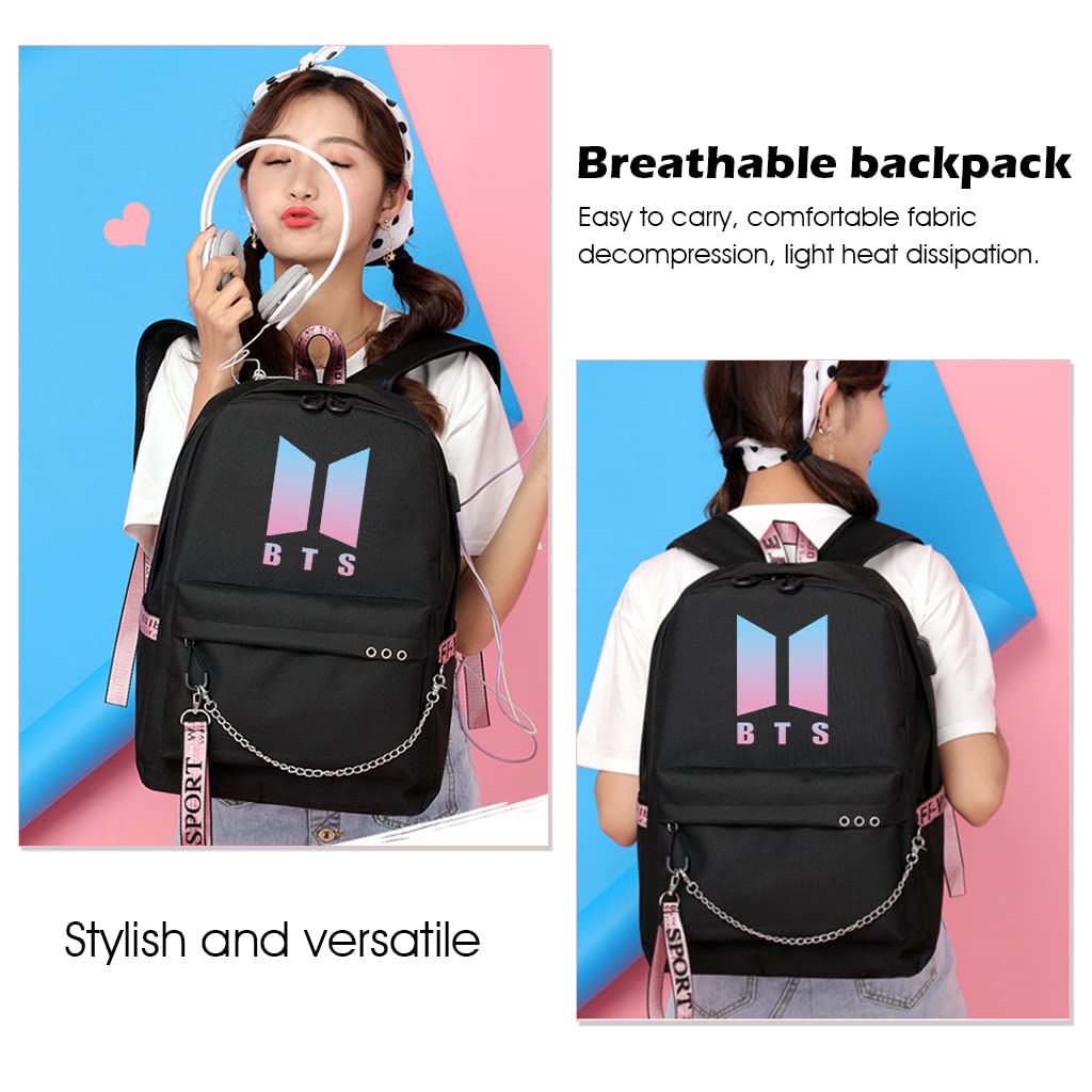SANNIDHI Kpop BTS Bangtan Boys Casual Backpack Daypack Laptop Bag School Bag Bookbag Shoulder Bag with USB Charging Port(Black 3)