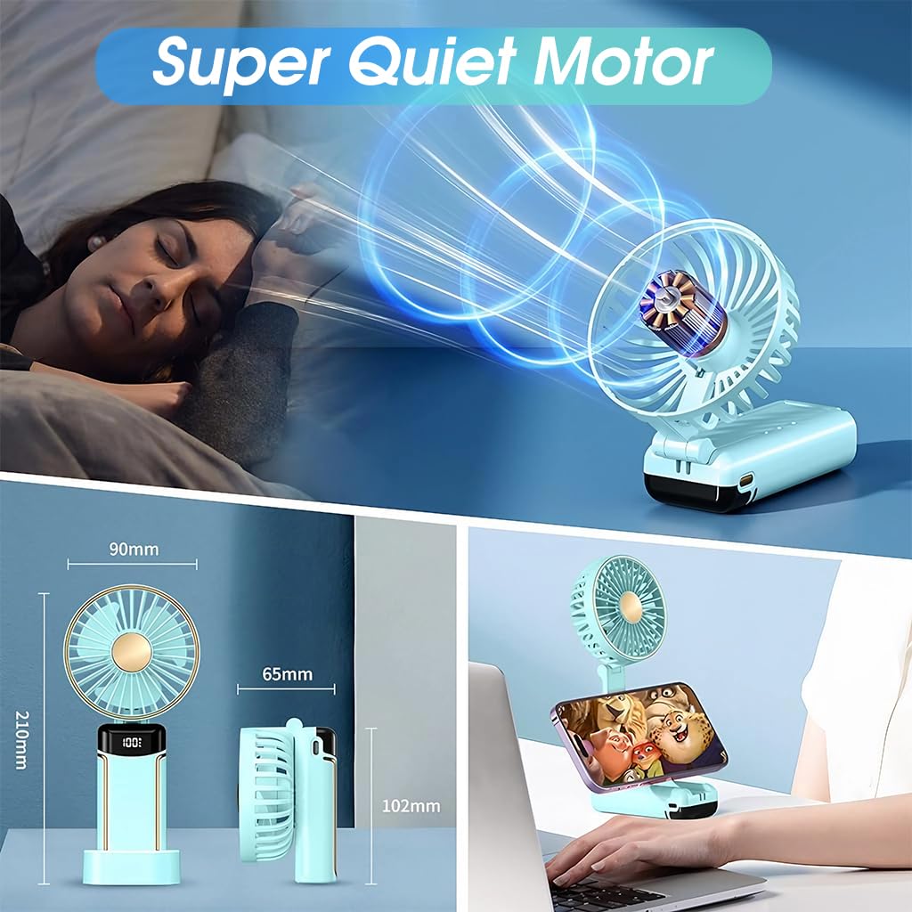 Verilux Handheld Fan Portable Fan, 2400mAh Rechargeable Mini Hand Held Fan Foldable Desk Fan with 5 Speeds LED Display Personal USB Fan for Travel Home Office (Green)