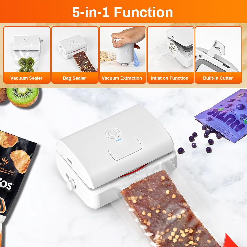 Supvox USB Vacuum Sealer Machine 3 in 1 Mini Kitchen Vacuum Sealer Machine with Hot Bond Sealing & Air Pumping Function, with Built in Cutter Rechargeable Vacuum Sealer Machine (White)
