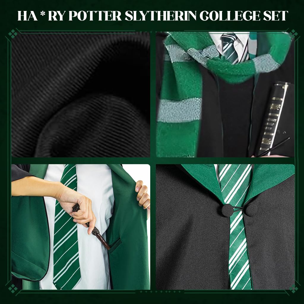 PATPAT Ha*ry Potter Costume Cloak Cosplay Har*y Potter Robe for Women Men, House of Slytherin Costume Set with Tie, Wand & Round Glasses, Magic Wizards Halloween Costume for Teens Adults (Size M)
