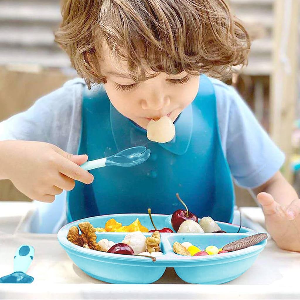 SNOWIE SOFT Suction Plates for Baby Feeding BPA Free Foodgrade Silicone 3-Grid Food Plates for Kids, Young Kids Tableware, Silicone Dinnerware with 4 Suction Cups, Dish Washer Safe (Blue)