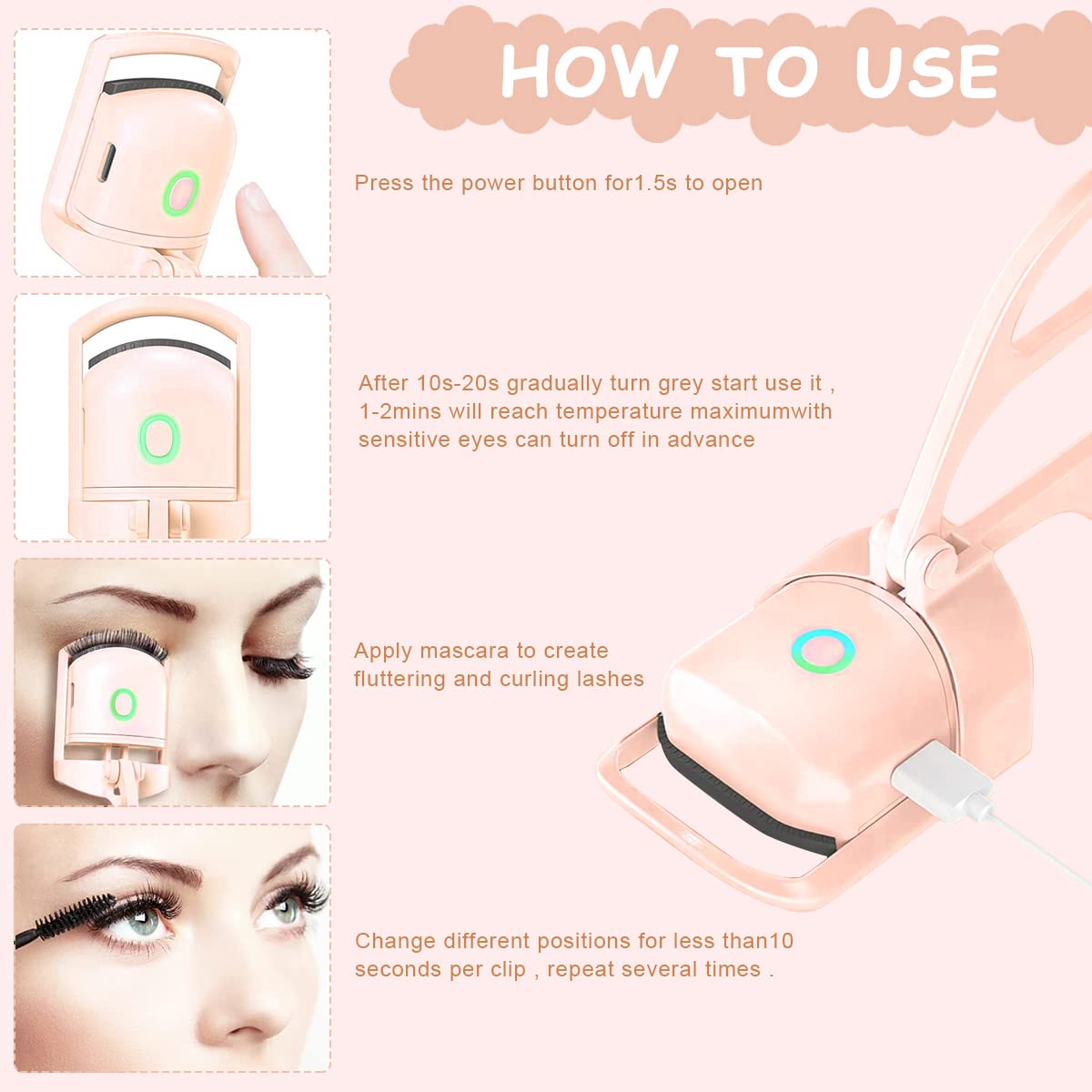 MAYCREATE USB Heating Eyelash Curler Rechargeable Eyelash Curler with 2 Temperature Adjustable Quick Heat Eyelash Curler Anti-scalding Long Lasting Natural Eyelash Curler