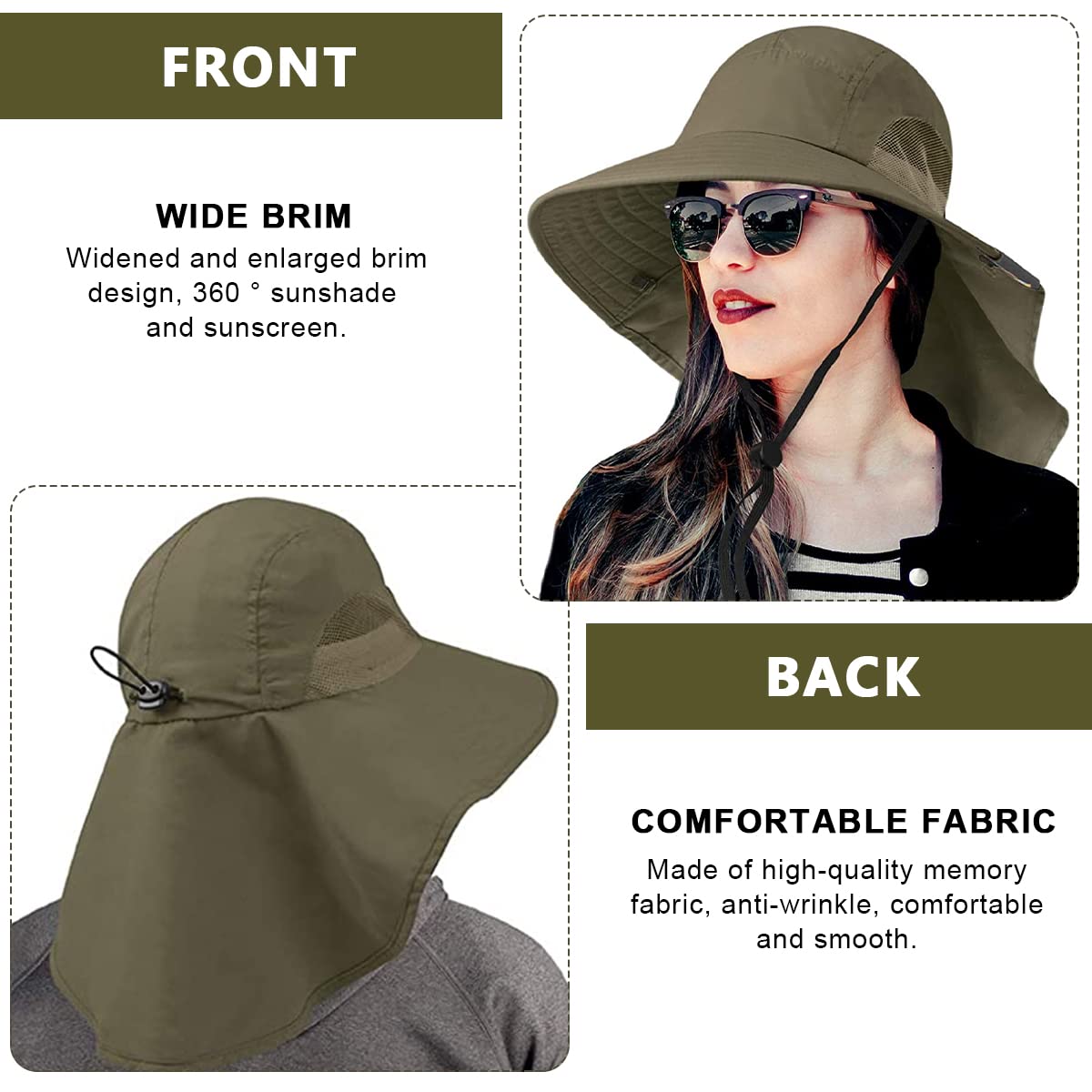 GUSTAVE Wide Brim Summer Cap for Men&Women Hat for Men with Neck Flap, UPF50+ Hiking Safari Fishing Hat for Men Women, Sun Protection Beach Hats, Sun Hats for Women Summer Hat Green