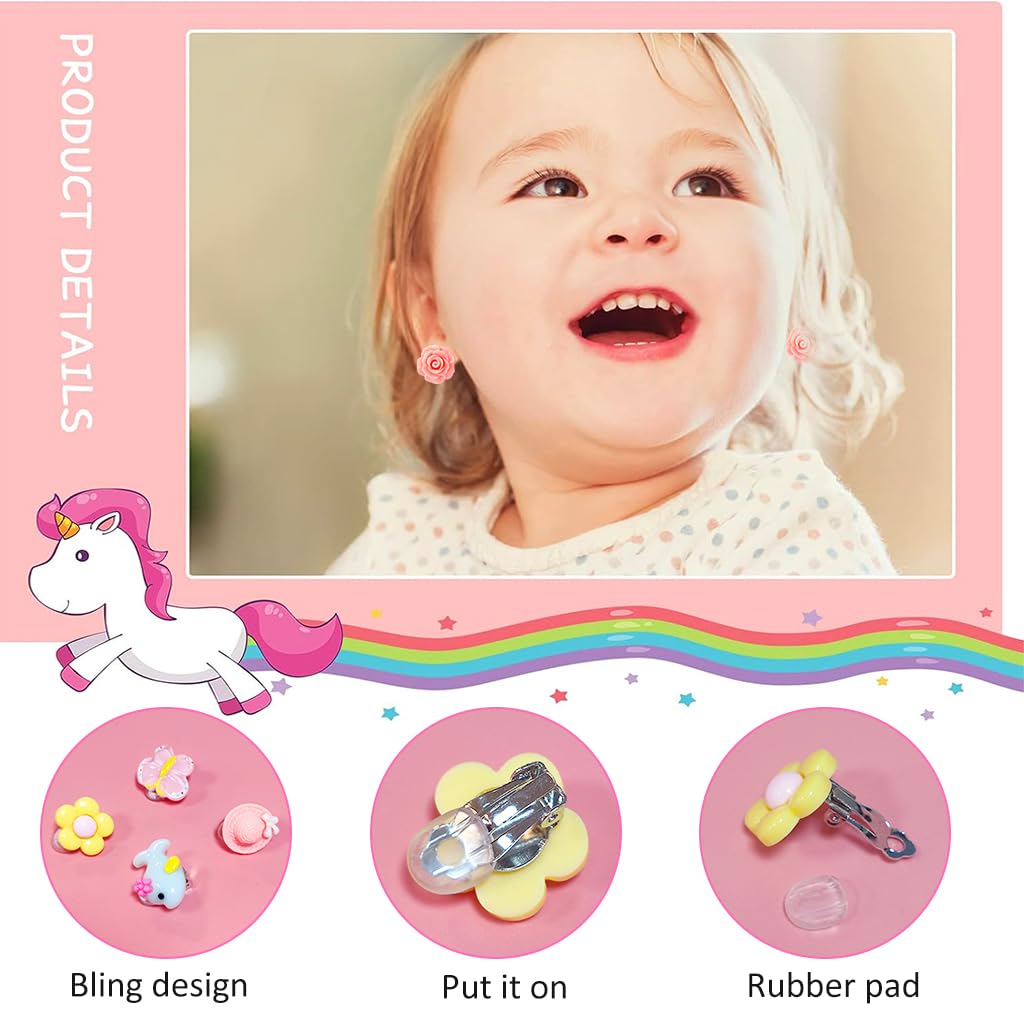 SANNIDHI 16 Pairs Cute Earrings for Girls Stylish Clip-on Pretend Princess Play Earrings Set, No Pierced Cartoon Earrings for Girls Kids Jewelry Gift
