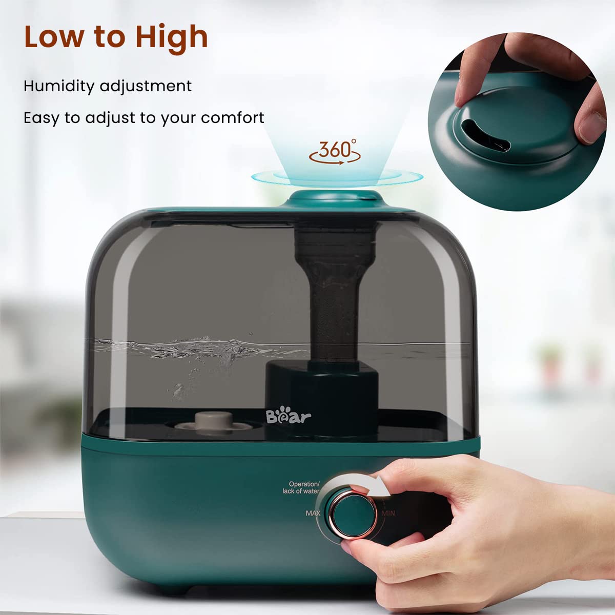 Bear 5L Humidifier for Room Moisture Essential Oil Allow 28dB Silent Humidifier for Plants Household Top Filling Ultrasonic Cool Mist Desktop Humidifier with 360° Steam Nozzle & Stepless Mist Adjust