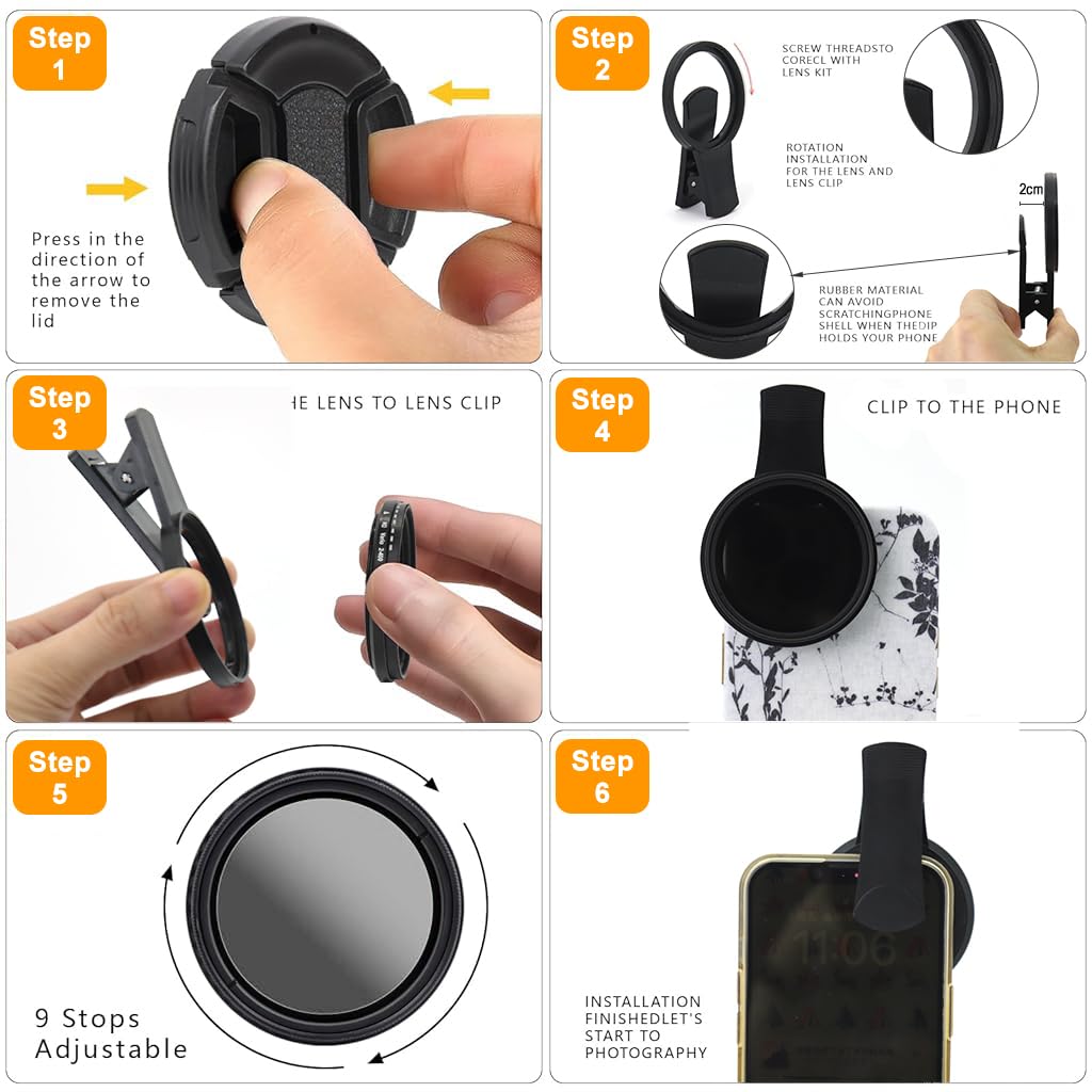 ZORBES 52MM Variable ND2-ND400 Filter, Ultra Slim Multi-Coated Adjustable Neutral Density Filter, Clip-on Phone Lens ND Filter Kit, Compatible for iPhone 15 14 13 12 11 and Other Smart Phones