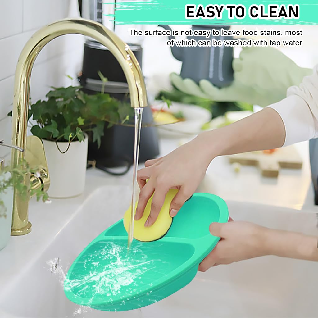 SNOWIE SOFT Baby Suction Plates for Baby Feeding BPA Free Foodgrade Silicone 3-Grid Food Plate for Kids, Young Kids Tableware, Silicone Dinnerware with 4 Suction Cups, Dish Washer Safe (Green)