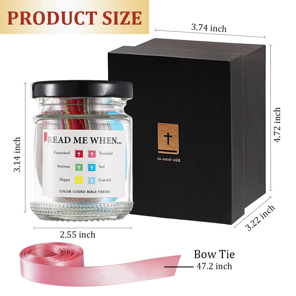 HASTHIP Bible Verse Jar, Inspirational Bible Verse Jar Bible Verse Notes Glass Jar with 90Pcs Color-Coded Bible Verses Notes Christian Gifts Birthday Gift with A 48'' Ribbon Bow.