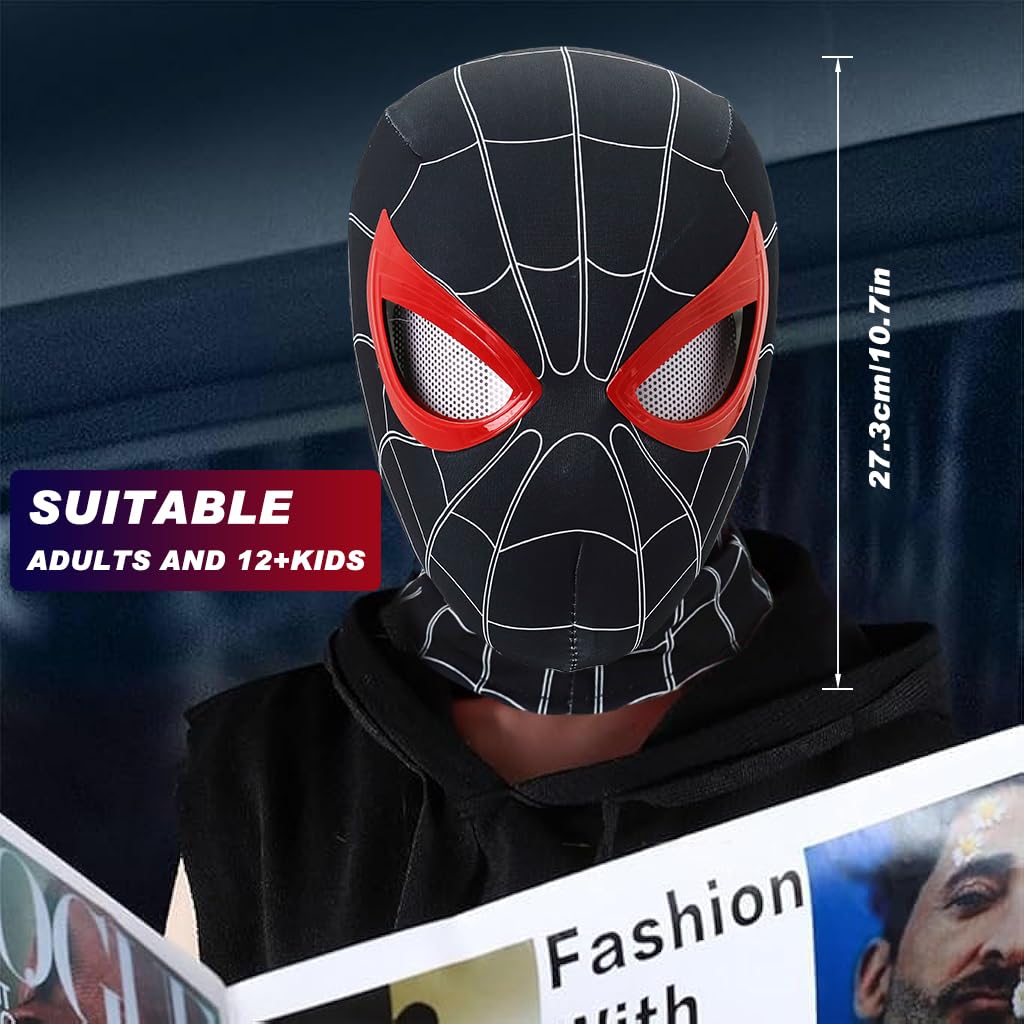 FANCYKU Miles Morales Head Cover with Moving Eyelid 3D Realistic Super Hero Face Cover for Kids & Adult Jaw Motion Activated Blinking Eyelid Black Costume Head Cover for Cosplay Party