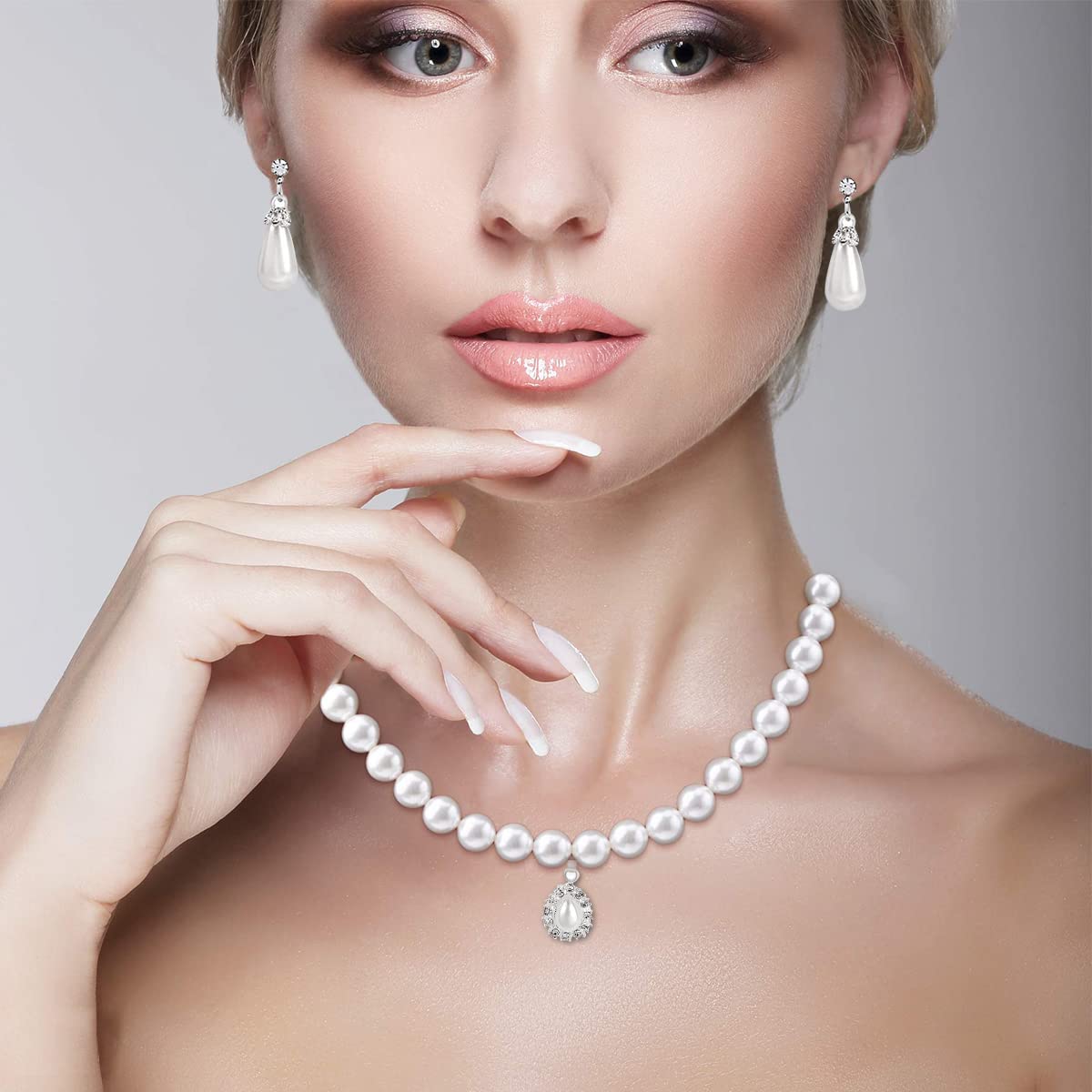 SANNIDHI Pearl Rhinestone Jewelry Set for Women -Necklace&Earring,Raindrop Shape Necklace Earring Suit for Important Occasion Party Gifts